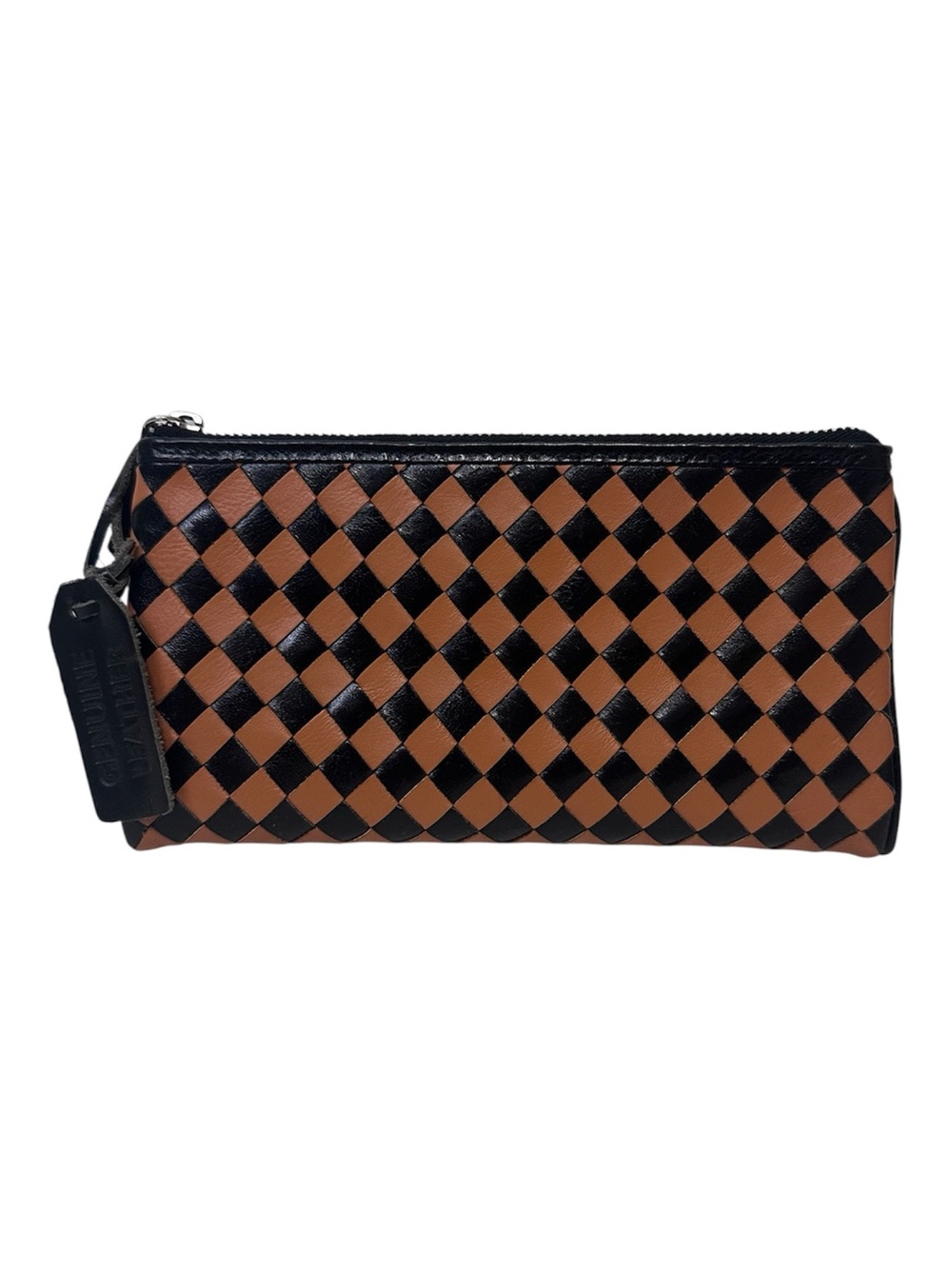 Genuine Woven Leather Zip Pouch Wallet Black Brown Night Out 7.5" x 4"